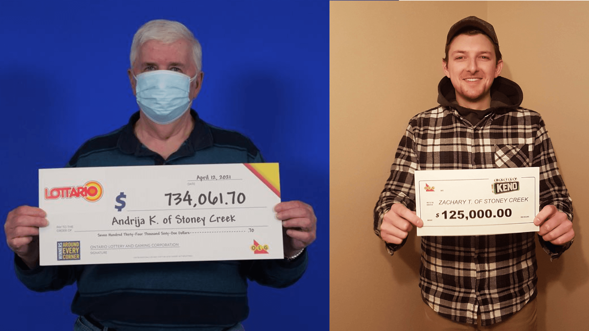 Andrija Konjek and Zachary Thomas were six-figure winners in two separate OLG lottery games in March 2021. (Picture:OLG)