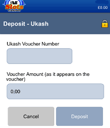 UKash deposit screen on mobile devices
