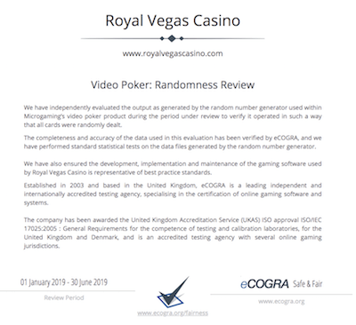 Royal Vegas eCogra certificate.